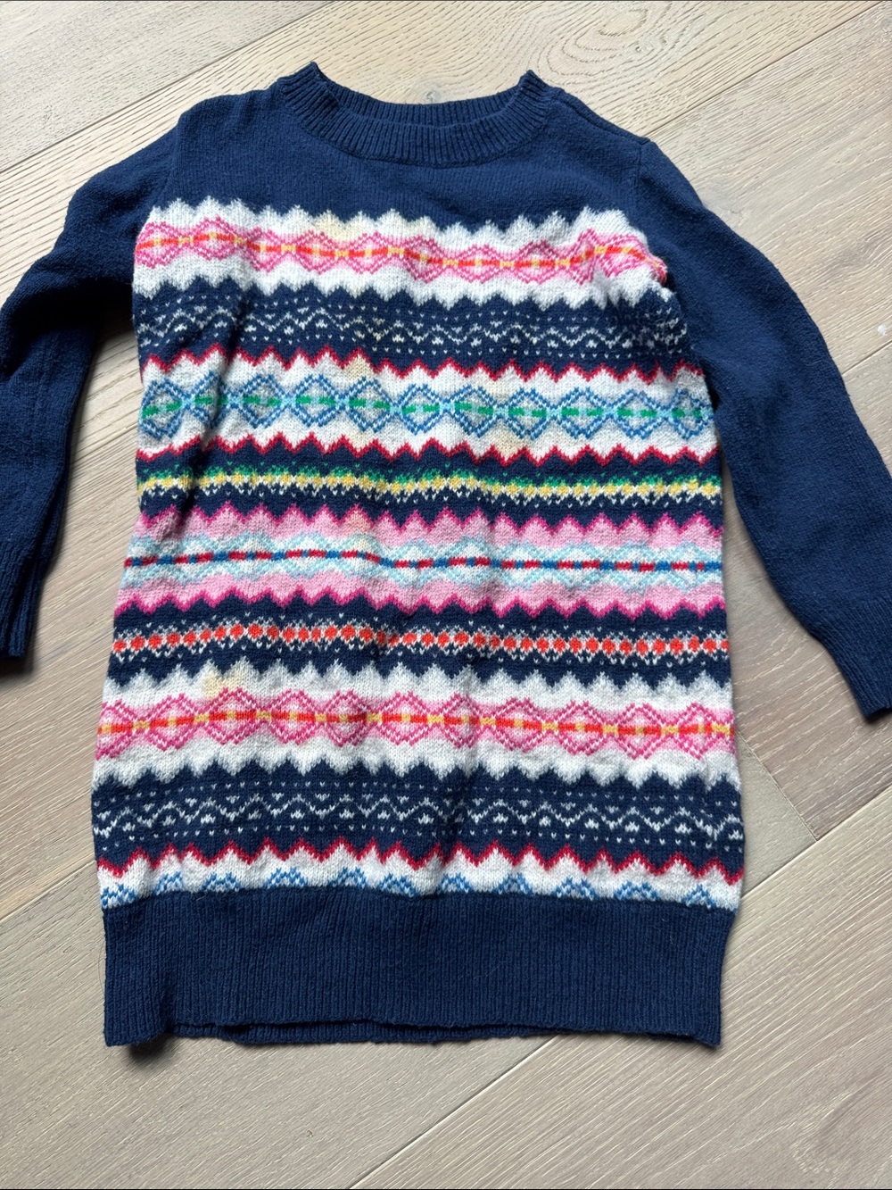 GAP Navy Fair Isle Crewneck Sweater Tunic with Pink, Green & Blue Accents